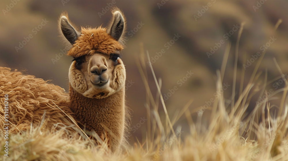 Fluffy baby llama posing for the camera