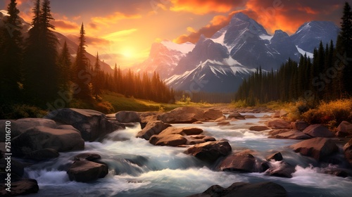 Mountain river in the forest at sunset. Panoramic view