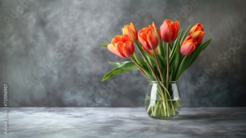 Bouquet of tulips in a glass vase on a gray background. photo