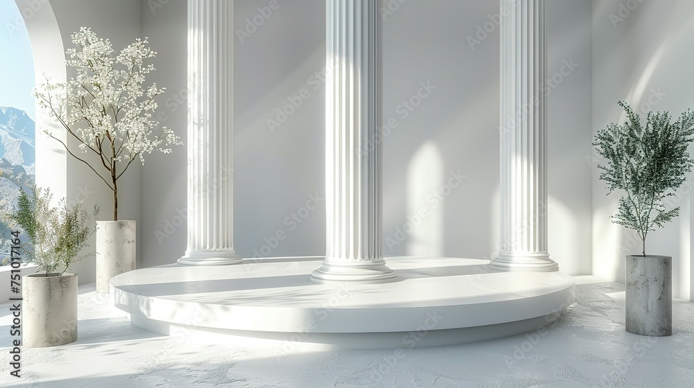Background podium column 3d roman luxury greek white ancient display product classic. Podium platform background column pillar stage minimal stand beauty design greece render scene plant cosmetic rome - obrazy, fototapety, plakaty 