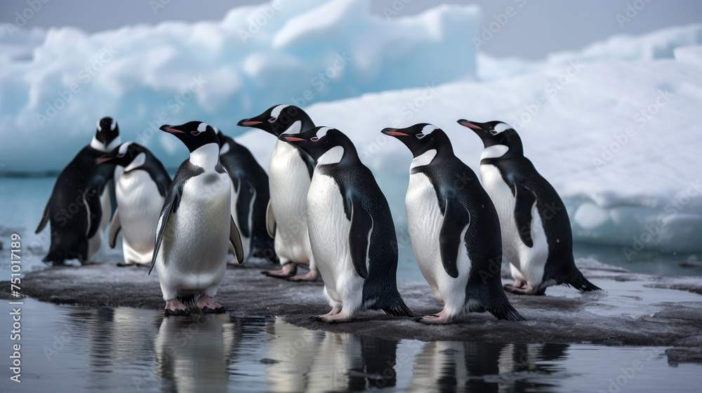 Obraz premium A group of Gentoo penguins huddled on the icy shore, with glacial backdrop - Generative AI