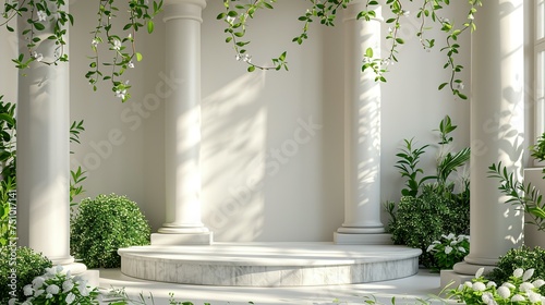 Background podium column 3d roman luxury greek white ancient display product classic. Podium platform background column pillar stage minimal stand beauty design greece render scene plant cosmetic rome