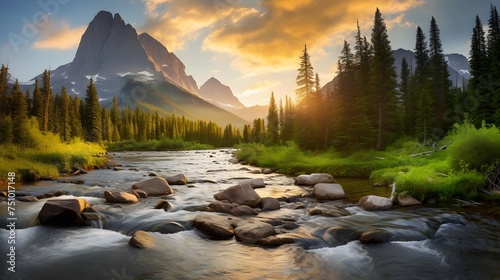 Panorama of a mountain river at sunset. Beautiful summer landscape. photo
