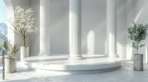 Background podium column 3d roman luxury greek white ancient display product classic. Podium platform background column pillar stage minimal stand beauty design greece render scene plant cosmetic rome photo
