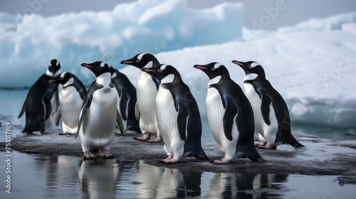 A group of Gentoo penguins huddled on the icy shore  with glacial backdrop - Generative AI