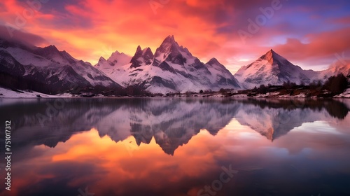 Panoramic view of snowy mountains reflected in the lake at sunset