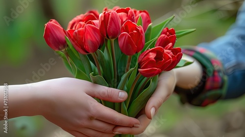 daughter is giving mother a bunch of red tulips