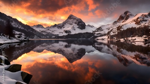Panorama of a mountain lake with reflection of clouds in the water © Iman