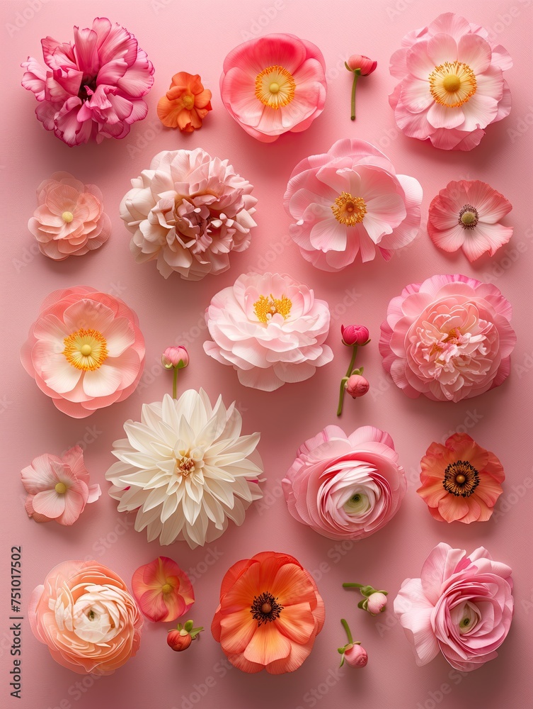 Flowers composition. Frame made of pink ranunculus flowers on pink background. Flat lay, top view Flowers composition. Frame made of pink ranunculus flowers on pink background. Flat lay, top view