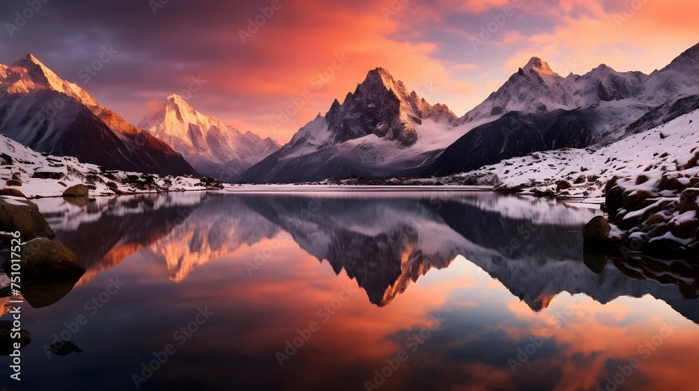 Mountains reflected in a lake at sunset, Canterbury, New Zealand