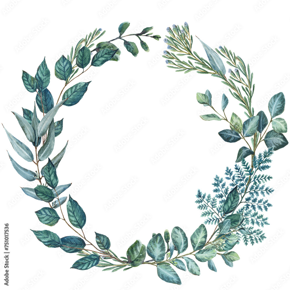 Round greenery wreath made of eucalyptus branches laurel and leaves. Hand-painted watercolor frame of foliage.