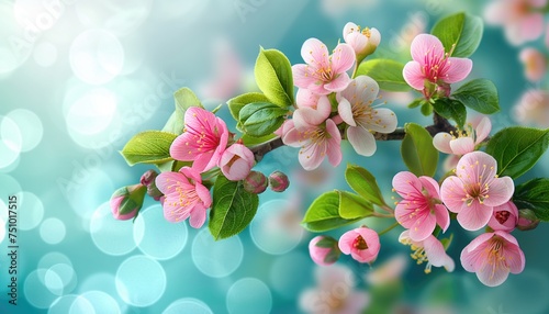 Blossoming branch of sakura with pink flowers on bokeh background © Katsiaryna