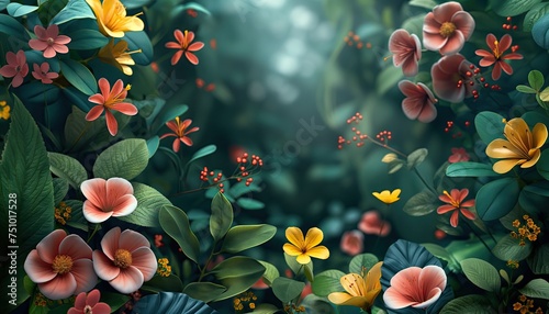 3d render of a beautiful floral background with flowers and leaves.