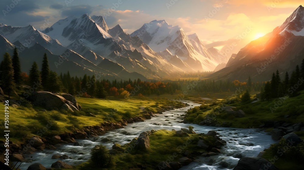 Mountain river at sunset. Panoramic view of high mountains.