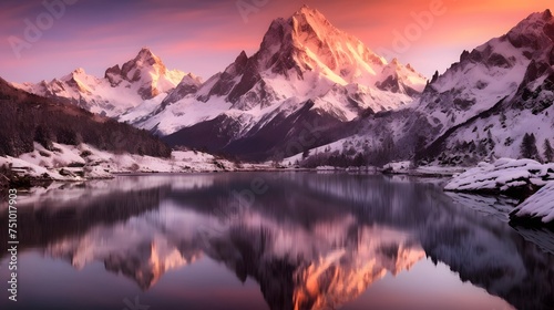 Beautiful panorama of alpine lake with reflection of mountains at sunset