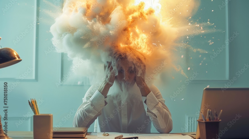 © millering - A person head explodes. Office clerk overload with information and having emotional burnout. Psychology concept mental health. Exhausted fatigue tired depressed person in frustration or anger.