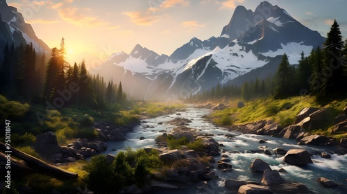 Panoramic view of a mountain river at sunset in the summer