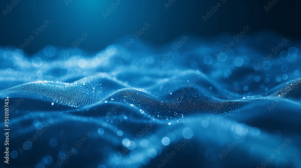 Abstract blue tech background with digital waves, dynamic network system, artificial neural connections and cyber quantum computing  - obrazy, fototapety, plakaty 