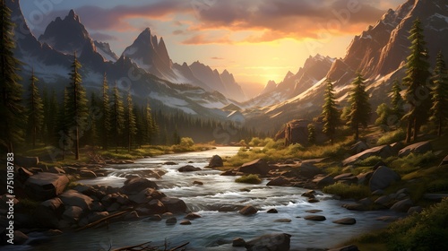 Panorama of the mountain river in the mountains at sunset. Beautiful natural landscape.