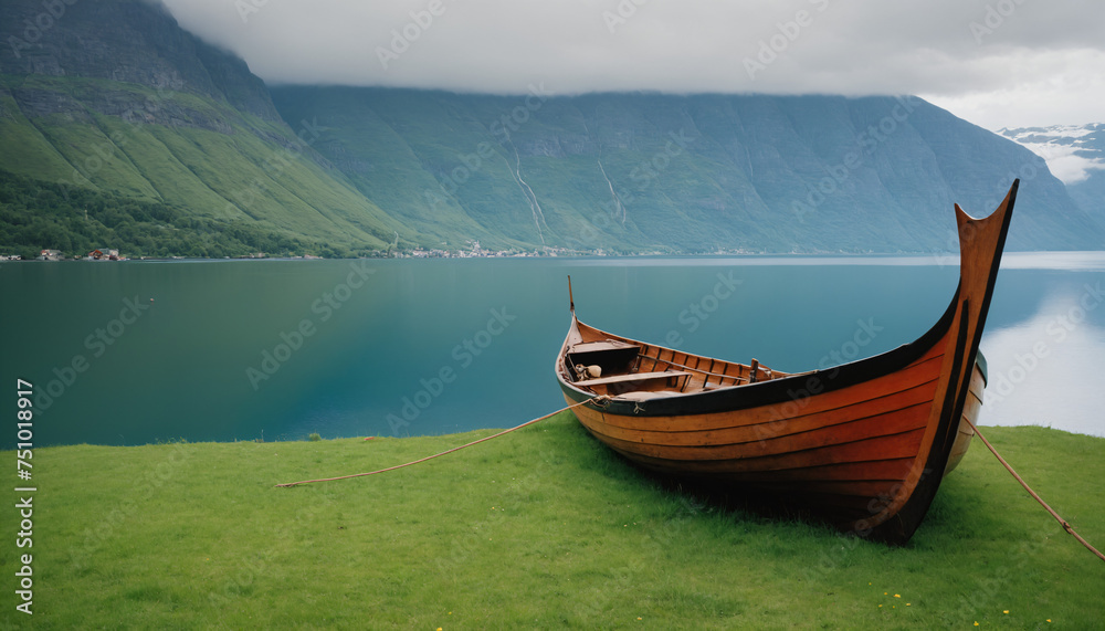 A boat on the shore of a picturesque fjord A boat on the shore of a picturesque fjord