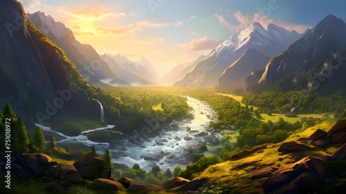 Panoramic view of the mountain river at sunset. Beautiful summer landscape.