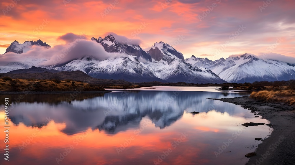 Panoramic view of snow capped mountains at sunset with reflection in water