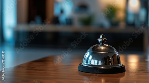 Service bell on the table hotel reception with blurred background photo