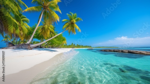 Beautiful tropical beach with palm tree smooth sand blue sky and calm ocean © katrin888