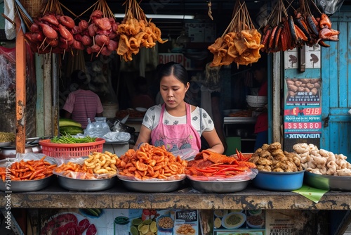 an Indonesian female working in his food sellers stalls serve buyers