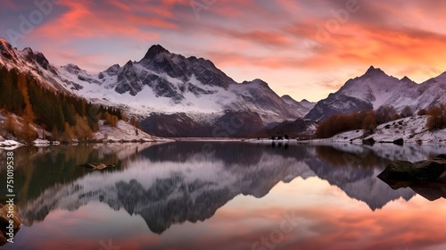Panoramic view of snow capped mountains reflected in a lake at sunset © Iman