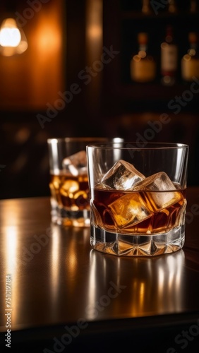 two glasses of whiskey with ice cubes on bar counter  blurred bar in the background  free space for text. elegant drink  whiskey on the rocks  bar ambiance  luxury beverage concept