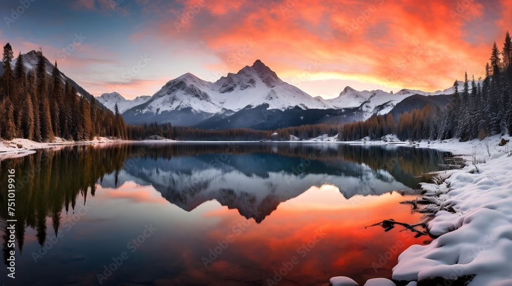 Panoramic view of frozen lake in snowy mountains at sunset with reflection in water