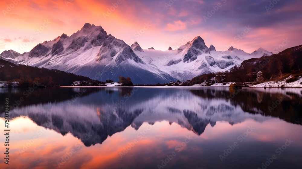 Panoramic view of snowcapped mountains reflected in the lake.