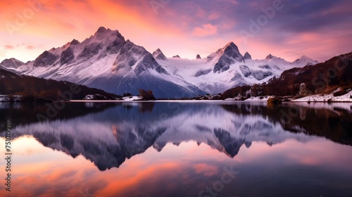 Panoramic view of snowcapped mountains reflected in the lake. © Iman