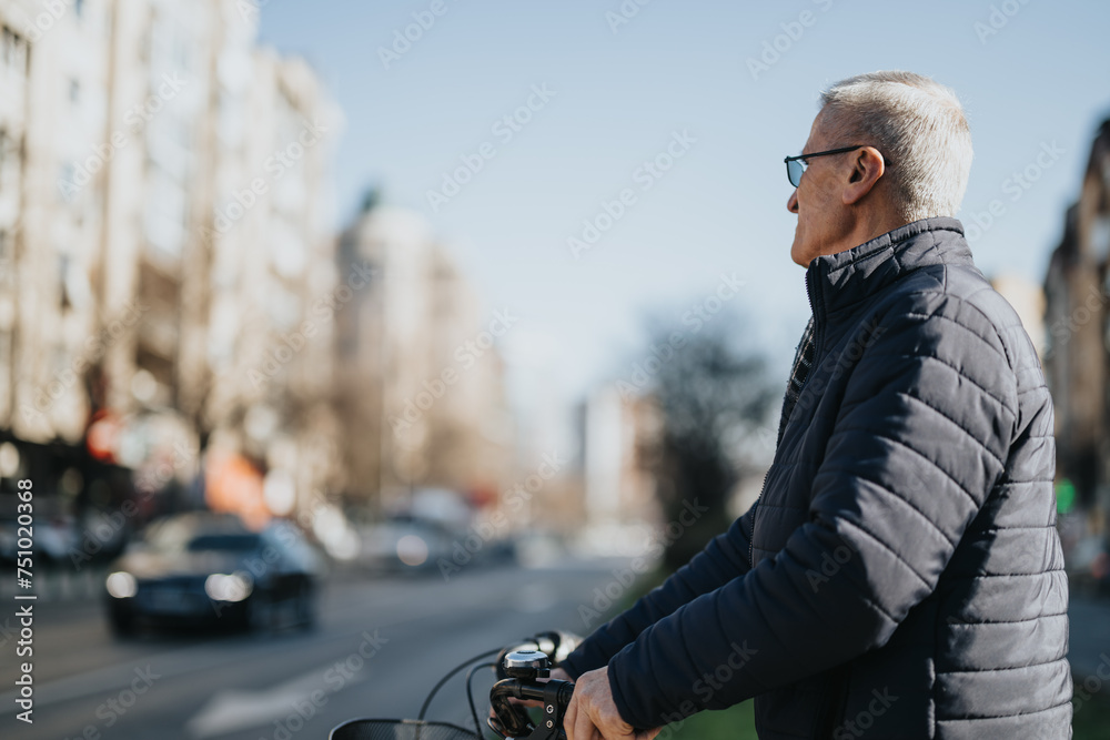 An active senior man with glasses enjoys the urban scenery while riding his bike on a sunny day, showcasing healthy lifestyle choices.