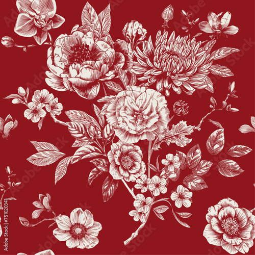 Abstract modern floral seamless pattern with hand drawn flower in Toile de jouy style. Retro elegance repeat print. Vintage design for fabric, wallpaper or wrapping