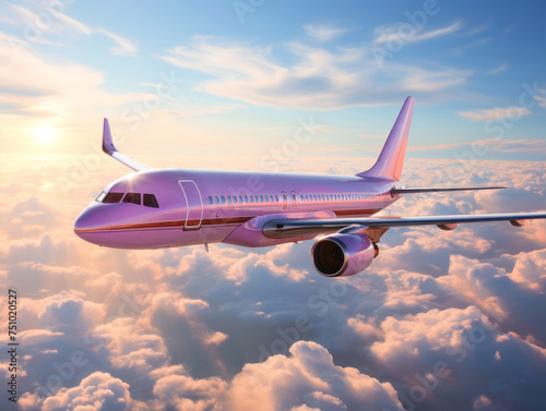 Pink passenger airplane flies in blue sky with dramatic white clouds. Concept of airline companies, travel, plane transportation, freedom of travelling