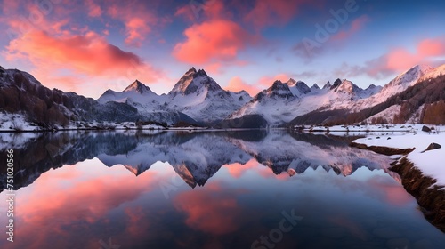 Panoramic view of snow capped mountains reflected in lake at sunset © Iman