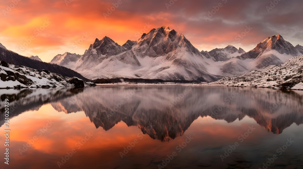 Panoramic view of snowy mountains reflected in lake at sunrise.