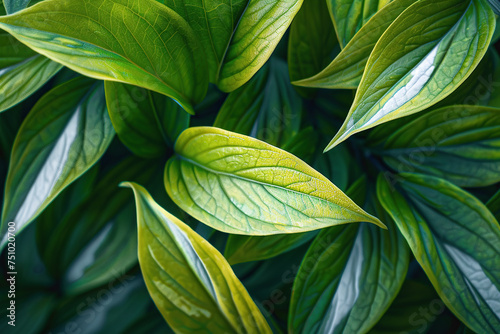 close up horizontal image of a green leaves background illuminated by sunlight Generative AI