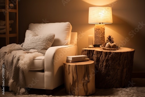Cozy Corner Paradise: Tree Stump Nightstands, Comfy Lounge Chair, and Ambient Lighting photo