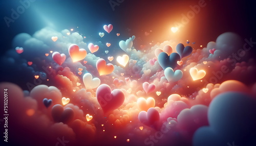 Romantic Atmosphere, Glowing Hearts Amidst Clouds