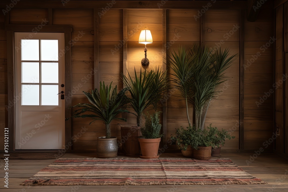 Desert Plant and Rug Accents in Country Farmhouse: Rustic Woods & Warm Lighting Harmony