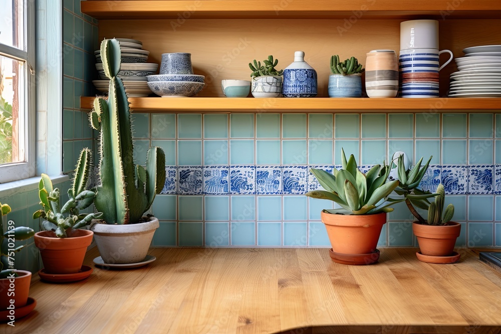 Dutch Kitchen Oasis: Desert Plant and Rug Accents Among Blue Tiles and Wooden Countertops