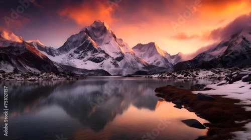 Panoramic view of snowy mountains reflected in a lake at sunset © Iman