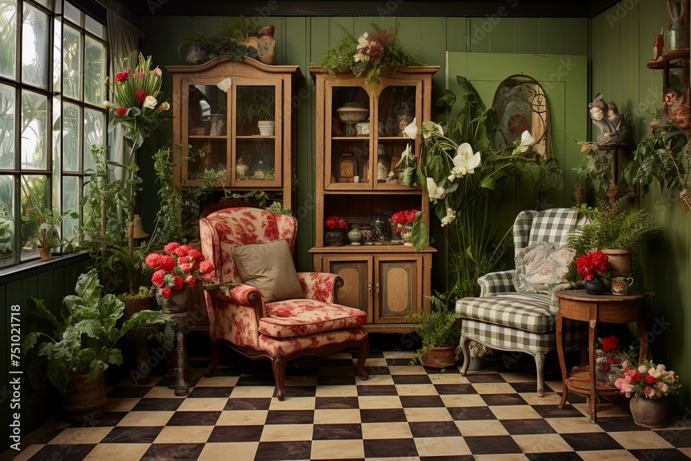 Dutch-Inspired Decor: Checkerboard Floors, Floral Textiles, and Vintage Furniture Showcase