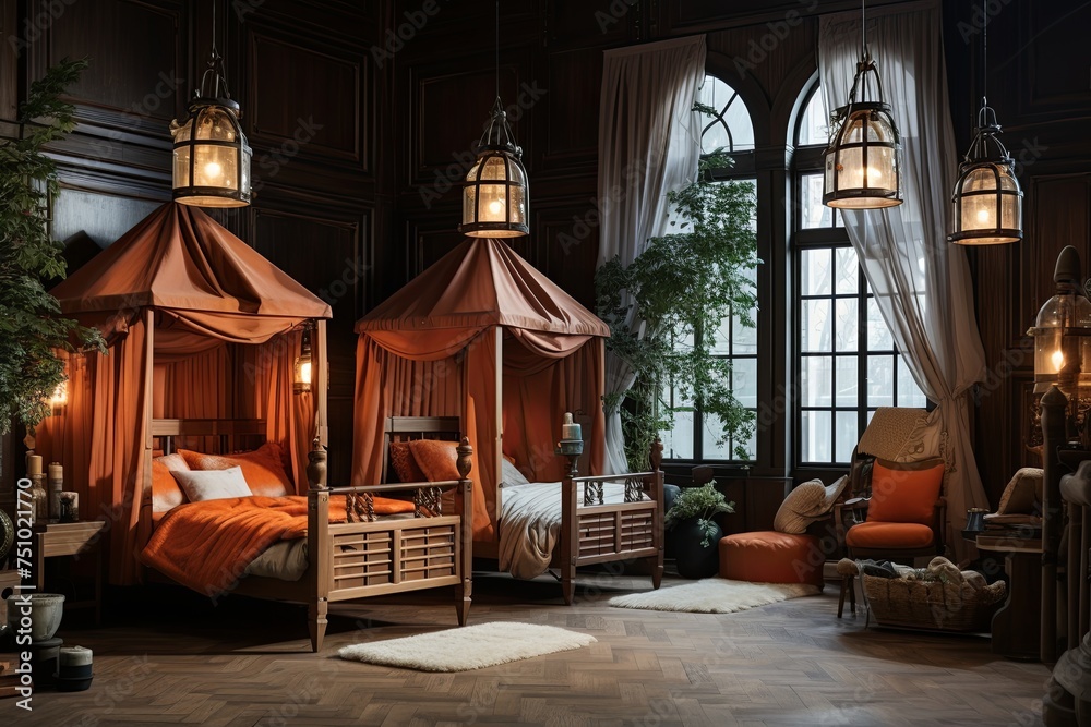 Dutch-Inspired Decor: Fairy-Tale Canopy Beds, Wooden Frames, and Terracotta Pendant Lights - obrazy, fototapety, plakaty 
