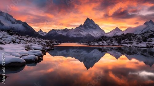 Panoramic view of the snowy mountains reflected in the lake at sunset