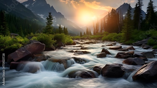 Panoramic view of a mountain river in the Canadian Rockies. © Iman