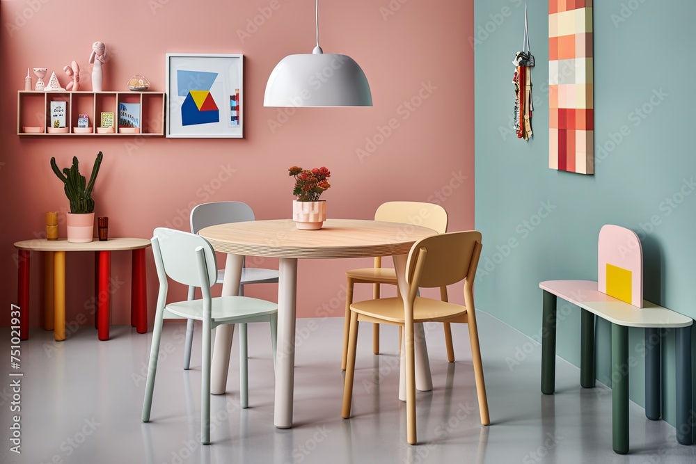Dutch-Inspired Home: Pastel Wall with Vinyl Seat Furnishings and Round Dining Table Dutch-Inspired Home: Pastel Wall with Vinyl Seat Furnishings and Round Dining Table